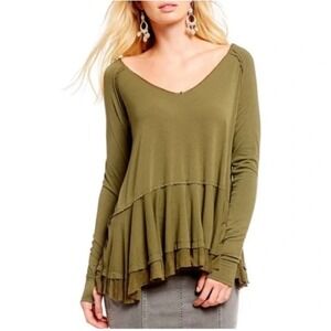 Free‎ People We The Free The Tangerine Tee V-Neck Ribbed Top in Olive Green XS